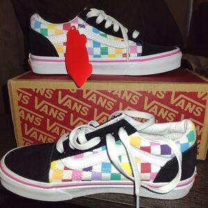 VANS Old Skool Checkerboard Rainbow Size 2 Kids Lace-Up Sneakers Checkered NIB